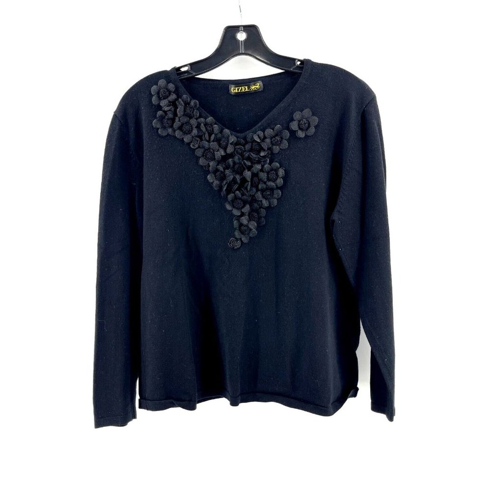 Vintage Gizel Women's Plus Black Knit Sweater Applied Flowers Size 1X